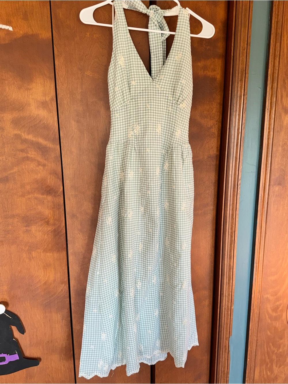 Light Sage Gingham Backless Halter Maxi Dress